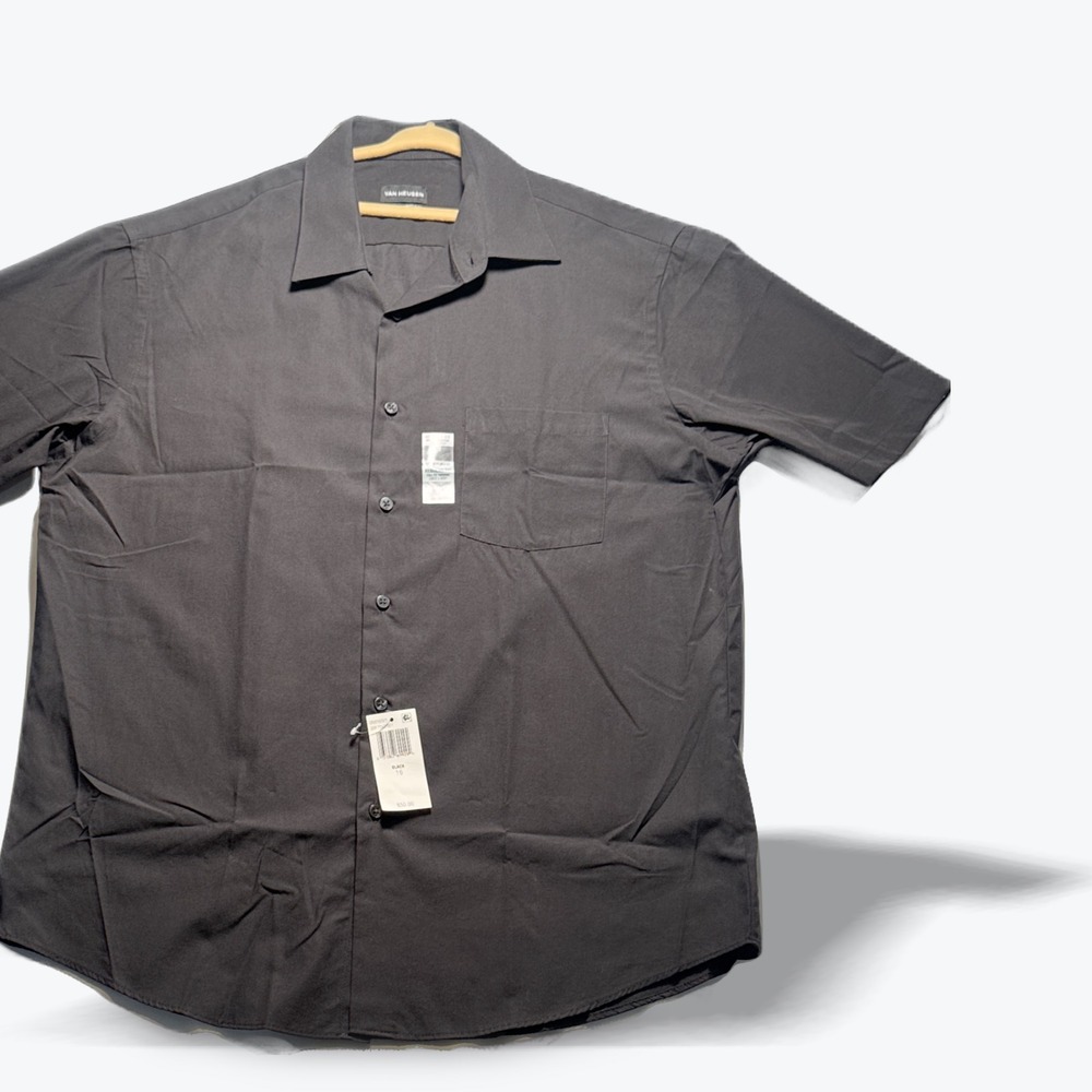 Van Heusen Short Sleeve Button Down Shirt Black Mens Full Fit 16R Large